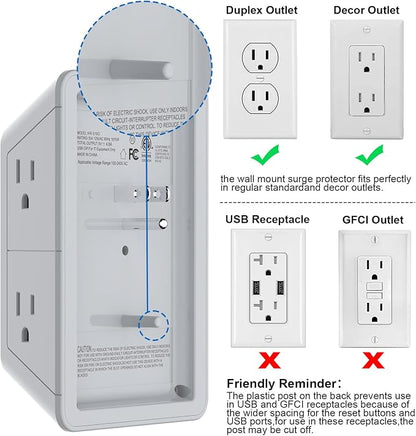 Outlet Extender, Surge Protector Outlet with 5-Multi Plug Outlet and 4 USB Ports(1 USB C), 3-Sided 1680J Power Strip Wall Charger, Multiple-Plug Outlet Splitter for Home Travel Office,ETL Listed,Grey