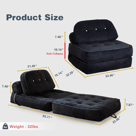 Folding Sofa Bed, Flannel Futon Couch Bed with Pillow and Blanket, Convertible Sleeper Chair for Small Space Apartment Guest Room, Black