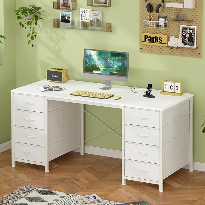 YOMILUVE 50 Inch White Computer Desk with 8 Drawers, Home Office Desk with Power Outlets, Work Study Gaming Desk with 8 Fabric Drawers, White