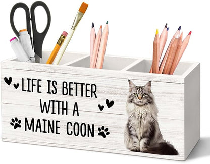 Maine Coon Cat Gifts Pen Holder for Desk, Gifts for MaineCoon Lovers Owners Pencil Organizer, Life is Better with A Maine Coon Cat Wood Pen Holder Desk Accessories Decor for Home Office