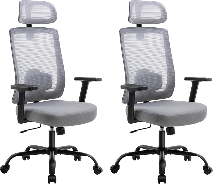 Ergonomic Office Chair, Office Desk Chair with High Back Mesh and Adjustable Lumbar Support, Rolling Work Chairs with Wheels and Adjustable Headrests, Wide Cushion, Set of 2, Grey