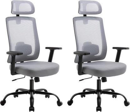 Ergonomic Office Chair, Office Desk Chair with High Back Mesh and Adjustable Lumbar Support, Rolling Work Chairs with Wheels and Adjustable Headrests, Wide Cushion, Set of 2, Grey