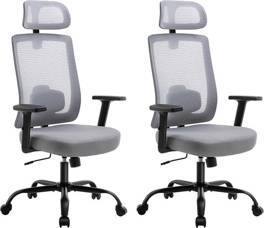 Ergonomic Office Chair, Office Desk Chair with High Back Mesh and Adjustable Lumbar Support, Rolling Work Chairs with Wheels and Adjustable Headrests, Wide Cushion, Set of 2, Grey