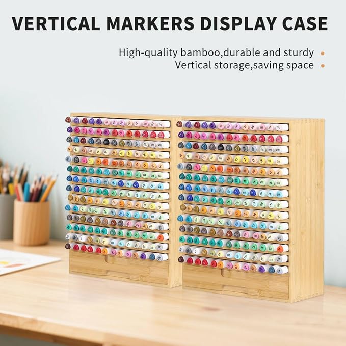 AUTOARK Natural Bamboo Marker Organizer with Drawer, AHK-065 | 182 Slots
