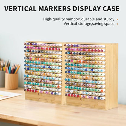 AUTOARK Natural Bamboo Marker Organizer with Drawer, AHK-065 | 182 Slots