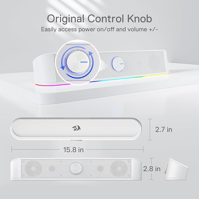 Redragon GS560 RGB Desktop Soundbar, 2.0 Channel Computer Speaker with Dynamic Lighting Bar Audio-Light Sync/Display, Touch-Control Backlit with Volume Knob, USB Powered w/ 3.5mm Cable, White