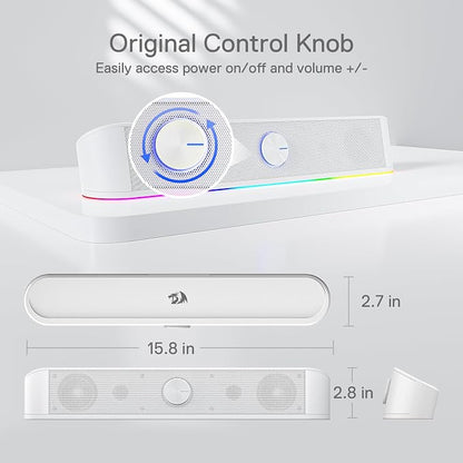 Redragon GS560 RGB Desktop Soundbar, 2.0 Channel Computer Speaker with Dynamic Lighting Bar Audio-Light Sync/Display, Touch-Control Backlit with Volume Knob, USB Powered w/ 3.5mm Cable, White