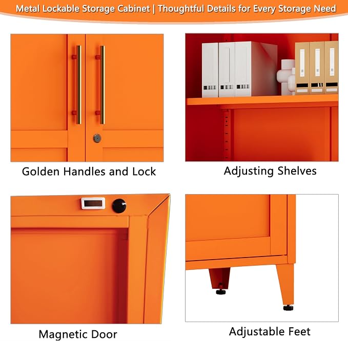 Metal Storage Cabinet with Lock,Orange Steel Tool Cabinet with 3 Adjustable Shelves,61 Tall Freestanding Heavy Duty Garage Locker for Home Office Kitchen 61" H X 27.6" W X 13.8" D