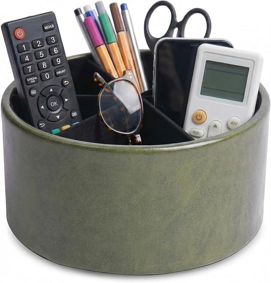 Remote Control Holder, 360°Spinning PU Leather Desk TV Remote Caddy,Desk Storage Box Room Accessories for Controller, Media,Mail,Calculator, Mobile Phone,Pencil(1-Oil Green)