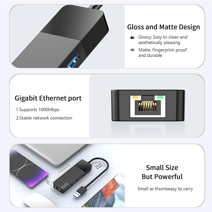 ALL-LUCKY USB Hub with Ethernet Adapter, 4-in-1 USB 3.0 Gigabit Network Hub (1000Mbps, 3×USB 3.0 + RJ45), Plug and Play for Laptop/PC/MacBook/Surface Pro/Dell XPS/HP, Windows/Mac OS/Chrome OS