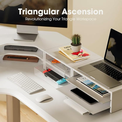 Fenge Dual Monitor Stand, Corner Monitor shelf with Drawer and Slide-Out Tray, 2 Tier Triangle Monitor Riser with Storage, Desk Shelf Organizer for Desk, Home Office, Computer, Laptop, Printer