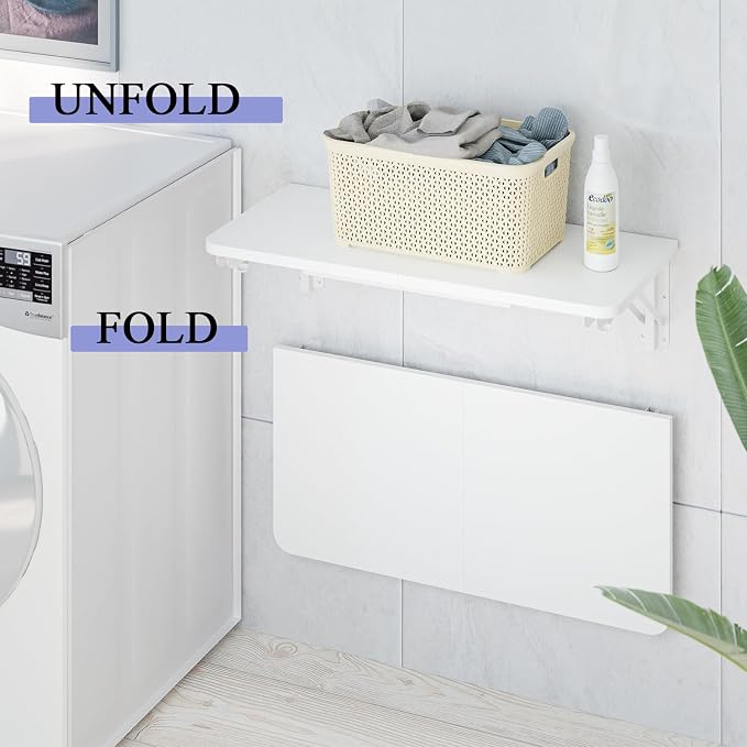 TEAMIX Wall Mounted Desk, White Folding Desk for Small Spaces Floating Shelf Organizer with Heavy-Duty Brackets for Home Office