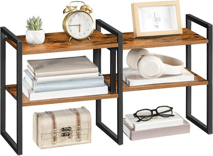 HOOBRO Desk Shelf Organizer, Adjustable Desktop Bookshelf, 2-Tier Shelf for Top of Desk, Wooden Office Storage Rack, for Office, Study, Kitchen, Dorm, Rustic Brown and Black BF39SJ01