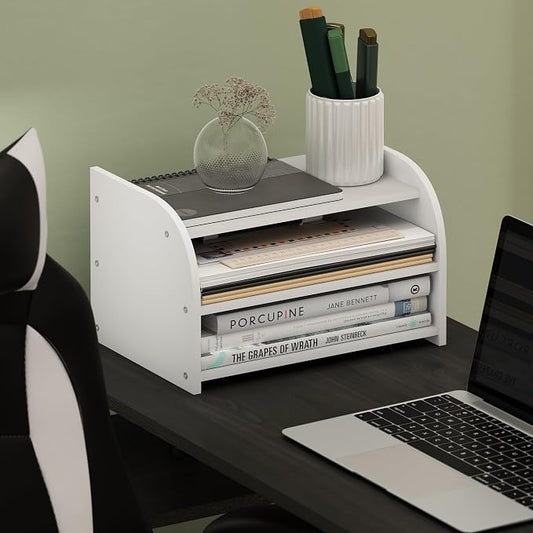 Furinno Classic Desk Organizers and Accessories, 3-Tier Monitor Riser, Office Organization, Desk Top Book Shelf, for Office Supplies, Desk Accessories, White