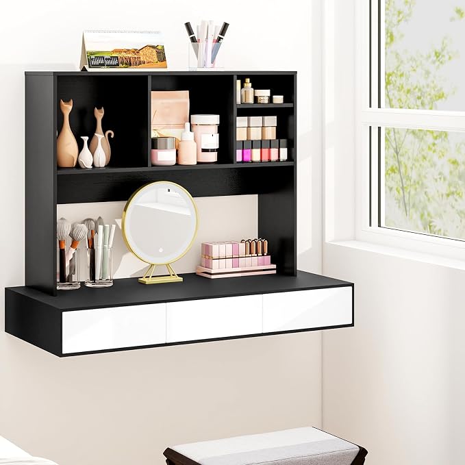 LDAILY Desktop Bookshelf, 2-Tier Office Desk Shelf Organizer Desk Hutch with 4 Shelves, 37’’L Wood Storage Rack Display Shelf for Computer Desk, Office, College Dorm, Bedroom (Black)