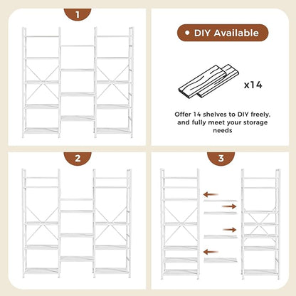 SUPERJARE Triple Bookshelf, Bookcase with 14 Open Display Shelves, Wide Book Shelf Book Case for Home & Office, 5 Tier, White