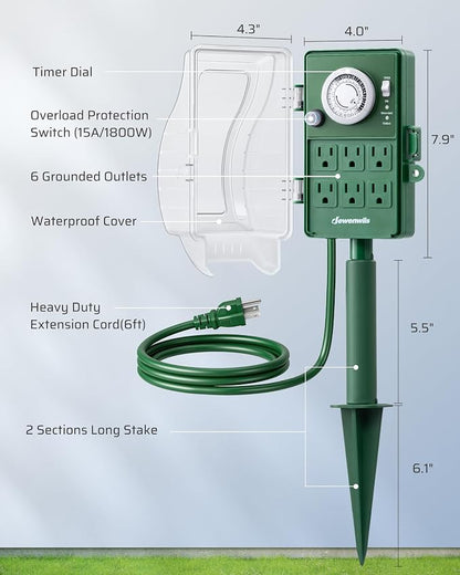DEWENWILS Heavy Duty Outdoor Power Stake Timer, 24-Hour Mechanical Timer with 6FT Cord, 1800W/15A, Waterproof for Yard, Garden, Patio Lights, Outdoor Decorations, ETL Listed