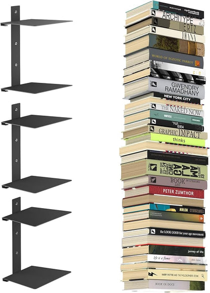 Mefirt Invisible Floating Bookshelves for Wall, 6 Tier Vertical Spine Book Tower, Heavy Duty Floating Book Shelves Metal Book Organizers for Home Office, 3 Pack(Black)