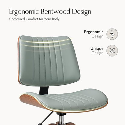 HULALA HOME Faux Leather Home Office Chair with Solid Wood Legs, 360° Swivel Desk Chair No Wheels with Bentwood Design, Mid-Century Modern Wide Seat Computer Task Chair, Sage