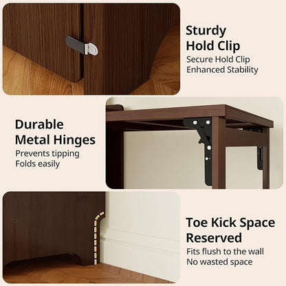 Bamboo Folding Desk with Bookshelf, Space-Saving Foldable Computer Desk with Storage Shelves for Small Spaces, Writing Study Table for Home Office, Bedroom, Dorm, Apartment, Brown