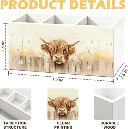 Highland Cow Pen Pen Pencil Holder for Desk, Highland Cow Gifts, Western Farm Animal Wildflower Wooden Box Sign Organizer for Home Office Bedroom Desk Accessories Tabletop Decorations