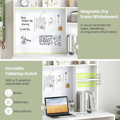 Giantex White Desk with Hutch, Small Computer Workstation with Bookshelf, Magnetic Whiteboard, PC Laptop Desk with Keyboard Tray & Cable Hole, Writing Desk for Small Spaces, Bedroom, Home Office