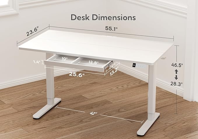 Claiks Standing Desk with Drawers, 55x24 Inch Stand Up Electric Adjustable Height Sit Stand Desk for Computer Workstation, White