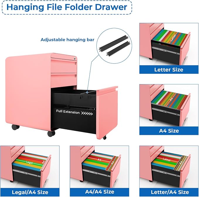 Dripex 3 Drawer Pink File Cabinet, Mobile Under Desk Storage File Cabinet with Lock on Wheels, Letter/Legal Size,Fully Assembled, Small Short Vertical Metal Rolling Filing Cabinets for Home Office