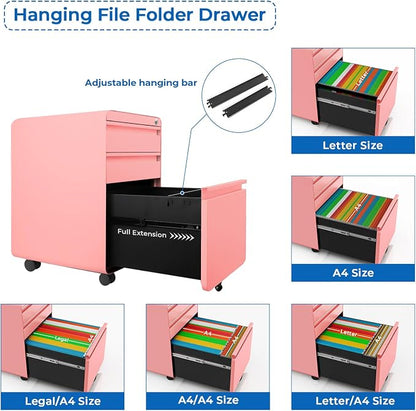 Dripex 3 Drawer Pink File Cabinet, Mobile Under Desk Storage File Cabinet with Lock on Wheels, Letter/Legal Size,Fully Assembled, Small Short Vertical Metal Rolling Filing Cabinets for Home Office