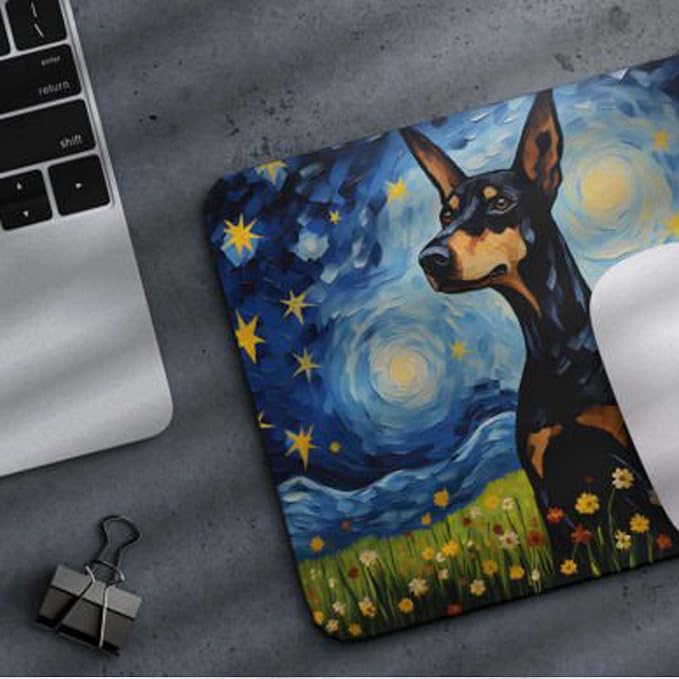 Starry Night Dog Mouse Pad for Computer Laptop Home Office Gaming Working Desk Desktop Accessories Non-Slip Rubber Mouse Pad for Dog Lovers (Doberman)