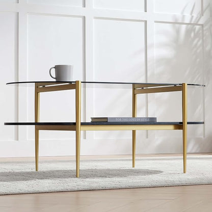 LumFurn Oval Glass Coffee Table, Mid-Century Modern Design, L41 x W21 x H17 inch, for Living Room, Grey Glass Top, Black Marble Finish Wood Shelf & Gold Finish Frame