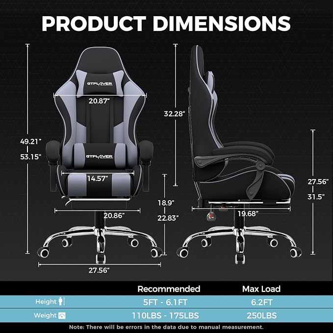 GTPLAYER Gaming Chair, Computer Chair with Footrest and Lumbar Support, Height Adjustable Game Chair with 360°-Swivel Seat and Headrest and for Office or Gaming (Purple, Fabric)