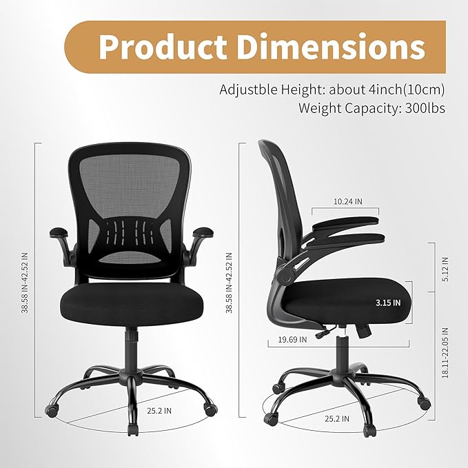 Youhauchair Office Chair, Ergonomic Home Office Desk Chairs with Flip-up Arms and Lumbar Support, Height Adjustable, Black
