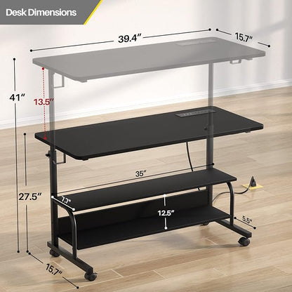 Armocity Rolling Standing Desk with Charging Station, Portable Height Adjustable Mobile Computer Desk with Wheels & 2-Tier Shelves & Hooks, Easy Assembly Laptop Table for Couch Bed, 39" Black