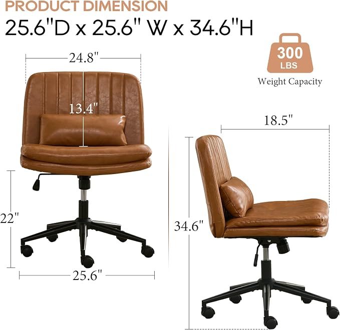 IPKIG Criss Cross Chair, Small Armless Desk Office Computer Chair with Wheels and Lumbar Pillow, Comfy Adjustable Swivel Task Vanity Chair Faux Leather, Brown