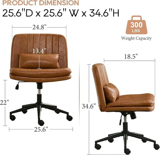 IPKIG Criss Cross Chair, Small Armless Desk Office Computer Chair with Wheels and Lumbar Pillow, Comfy Adjustable Swivel Task Vanity Chair Faux Leather, Brown