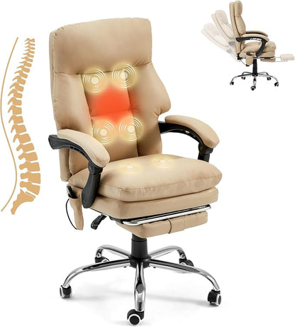 HOMREST Ergonomic Office Chair, Khaki | 6-Point Massage & Heating, Adjustable Executive Design, Retractable Footrest, Dual-Layer Soft Cushion, PU Leather