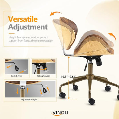 VINGLI Wide Comfotable Swivel Home Office Chair with Wood-Grain Curved Shell,Ergomomic Mid-Back Padded Armless Modern Desk Chair with Wheels,Height Adjustable for Computer,Task,Work,Microfiber,Rustic