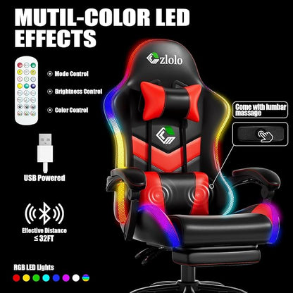Czlolo Gaming Chair, 2026 Upgraded RGB LED Lights Computer Chair with Footrest, Lumbar Support Massager Gamer Chair, High Back, 90-135° Reclining, Linkage Armrests, Red