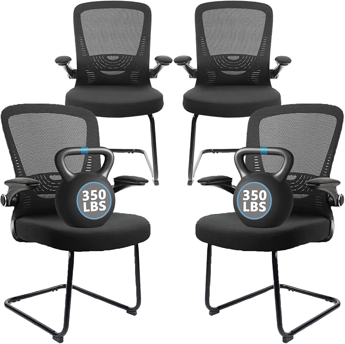 CLATINA Office Guest Chair no Wheels, Ergonomic Mesh Desk Chair Adjustable Lumbar Support and Flip Up Arms, Sled Base for Office Guest & Reception Chairs for Conference Room,Black (4PK)