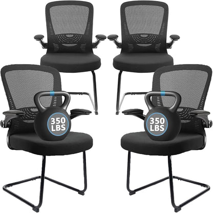 CLATINA Office Guest Chair no Wheels, Ergonomic Mesh Desk Chair Adjustable Lumbar Support and Flip Up Arms, Sled Base for Office Guest & Reception Chairs for Conference Room,Black (4PK)