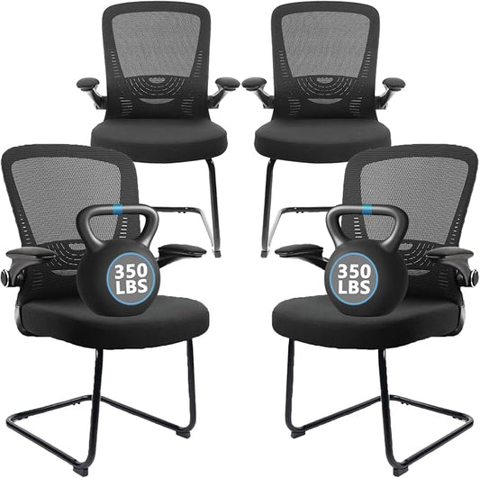CLATINA Office Guest Chair no Wheels, Ergonomic Mesh Desk Chair Adjustable Lumbar Support and Flip Up Arms, Sled Base for Office Guest & Reception Chairs for Conference Room,Black (4PK)