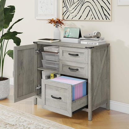 Halitaa Lateral File Cabinet with 3 Drawers, Farmhouse File Cabinet for Letter/A4 Size Hanging Files, Large Wood File Storage Cabinets Printer Stand for Home Office Furniture, Grey