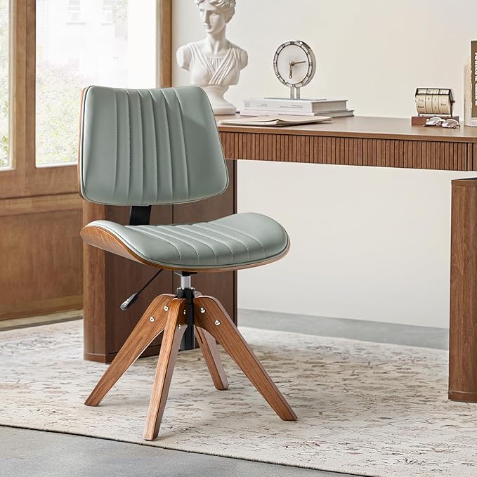 HULALA HOME Faux Leather Home Office Chair with Solid Wood Legs, 360° Swivel Desk Chair No Wheels with Bentwood Design, Mid-Century Modern Wide Seat Computer Task Chair, Sage
