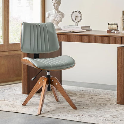 HULALA HOME Faux Leather Home Office Chair with Solid Wood Legs, 360° Swivel Desk Chair No Wheels with Bentwood Design, Mid-Century Modern Wide Seat Computer Task Chair, Sage