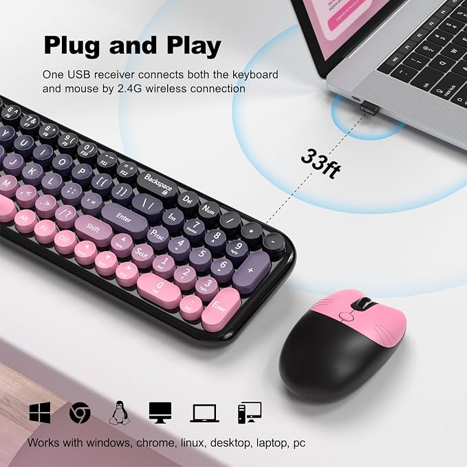 MOFII Wireless Keyboard and Mouse Combo, Compact Typewriter Retro Round Computer Keyboard and Mouse Set, Plug and Play, for Windows, Computer, Desktop, PC, Notebook - (Plum Pink Gradient)