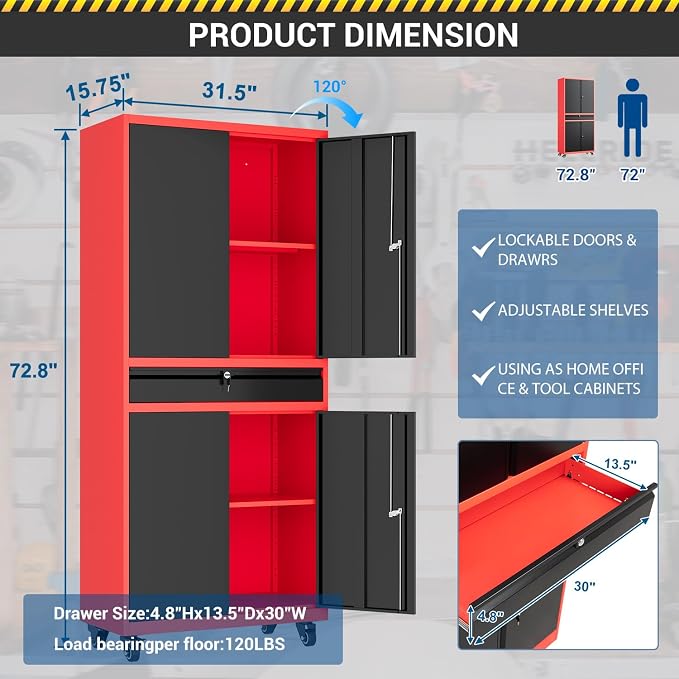 Fesbos 73" Metal Cabinet-Black & Red Heavy Duty Rolling Storage Cabinet Steel Tool Cabinets with Wheels, Shelves, Lockable Doors and Drawers- for Garage, Warehouse Home Office- Assembly Required