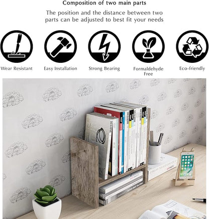 Jerry & Maggie Desktop Organizer Office Storage Rack Adjustable Wood Display Shelf Free Style Double H, Multi-Functional Mini Bookshelf for Desk Natural Stand (Gray Oak)