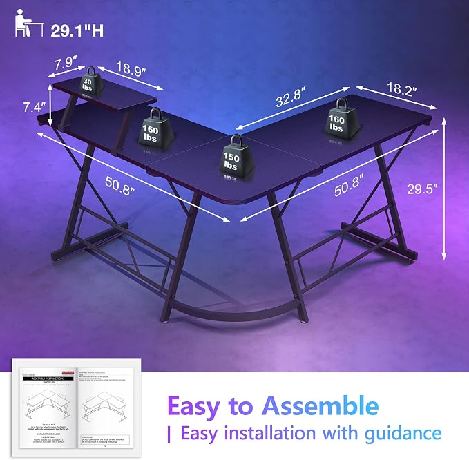Mr IRONSTONE L Shaped Gaming Desk Corner Computer Desk, Home Office Desks Writing Workstation with Large Monitor Stand, Easy to Assemble (Black,51 Inch)