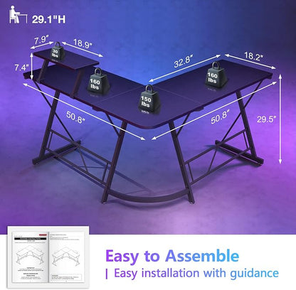 Mr IRONSTONE L Shaped Gaming Desk Corner Computer Desk, Home Office Desks Writing Workstation with Large Monitor Stand, Easy to Assemble (Black,51 Inch)